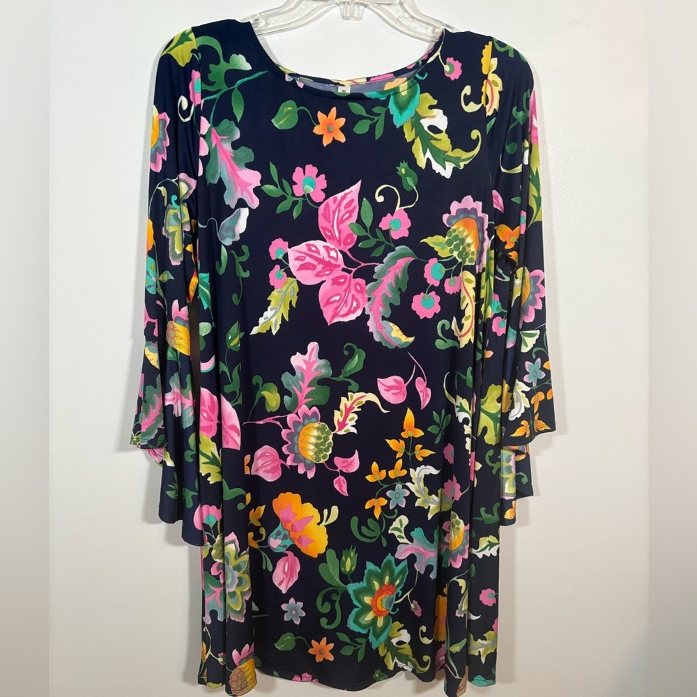 Emerald Navy Multicolor Floral Bell Sleeve Tunic Dress w/ Pockets Size M